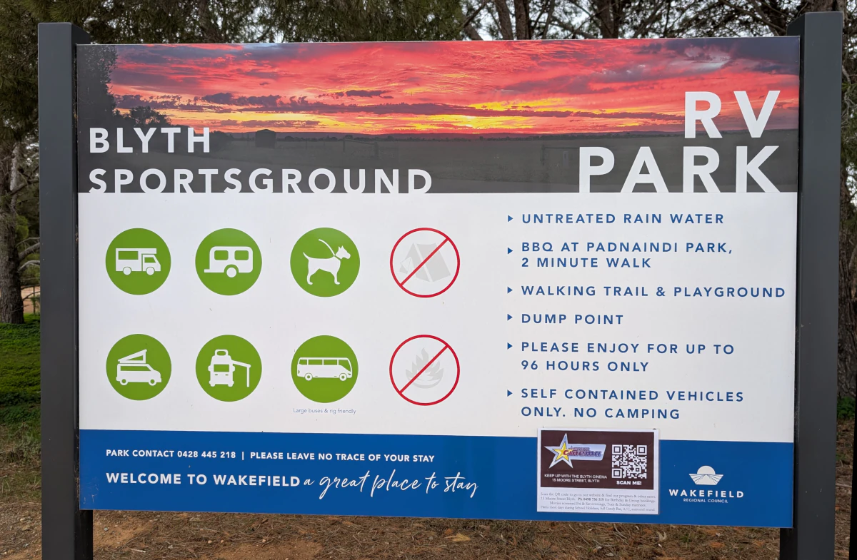 Blyth Showgrounds RV Park sign showing conditions