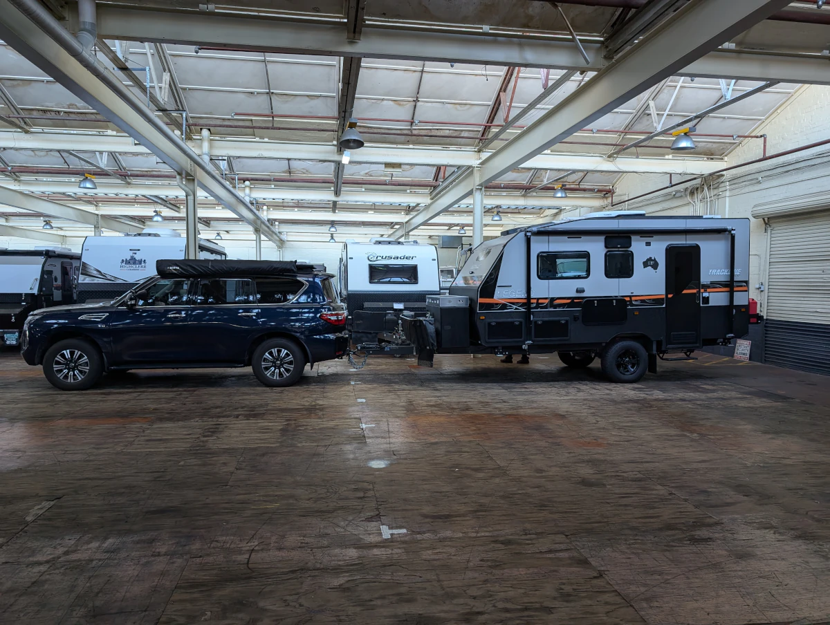 Car and Caravan, hooked up leaving storage for the last time